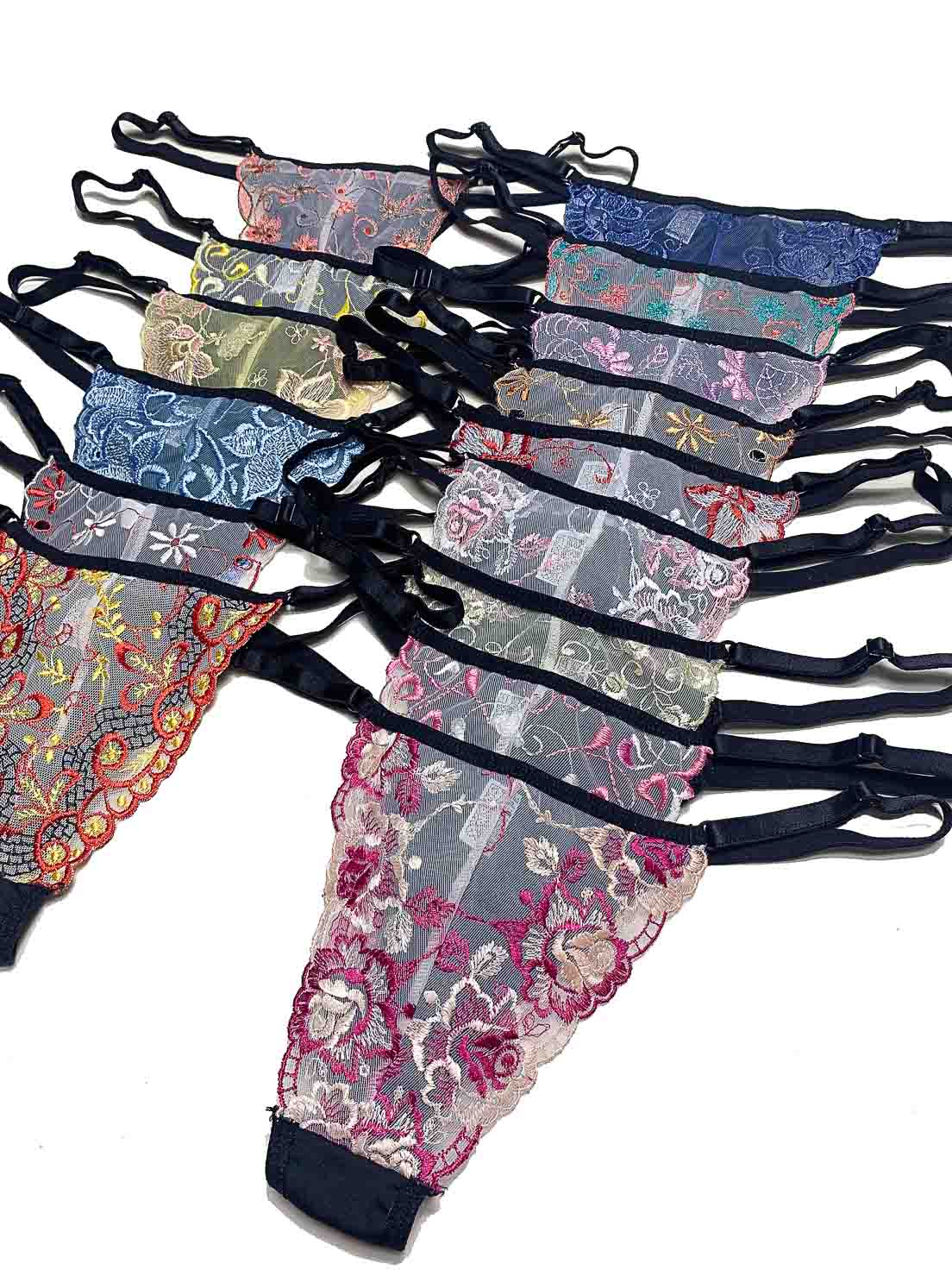 Kit 5 Calcinhas Tanga Fio Dental Sexy com Tule Cores Sortidas KIT 5 CALCINHAS FIO DENTAL SEXY REGULÁVEL COM TULE BORDADO - K5-TGSTL001